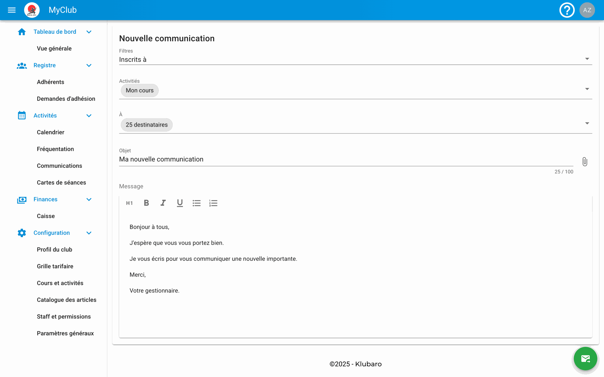Registre adhérents Klubaro